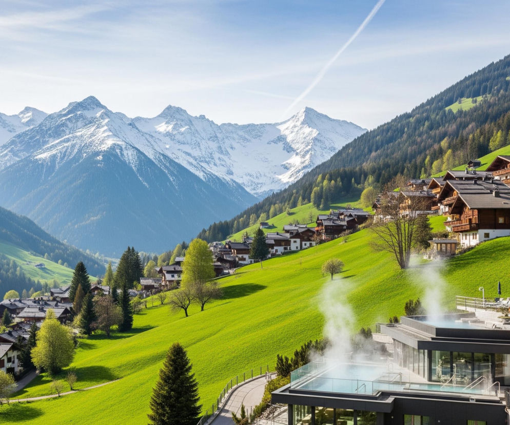 Na pierwszym planie, w prawym dolnym rogu, znajduje się kompleks budynków z basenami, z których unosi się para. Jeden z basenów jest otoczony szklaną barierką. Po prawej stronie widać drewniany budynek z balkonem i ciemnym dachem. Scena rozciąga się w głąb doliny, gdzie zbocza gór pokrywa intensywnie zielona trawa, na której rozsiane są drzewa i liczne drewniane domy z ciemnymi dachami. W tle widoczne są strzeliste, ośnieżone szczyty górskie pod jasnym, niebieskim niebem z cienkim śladem kondensacyjnym samolotu.