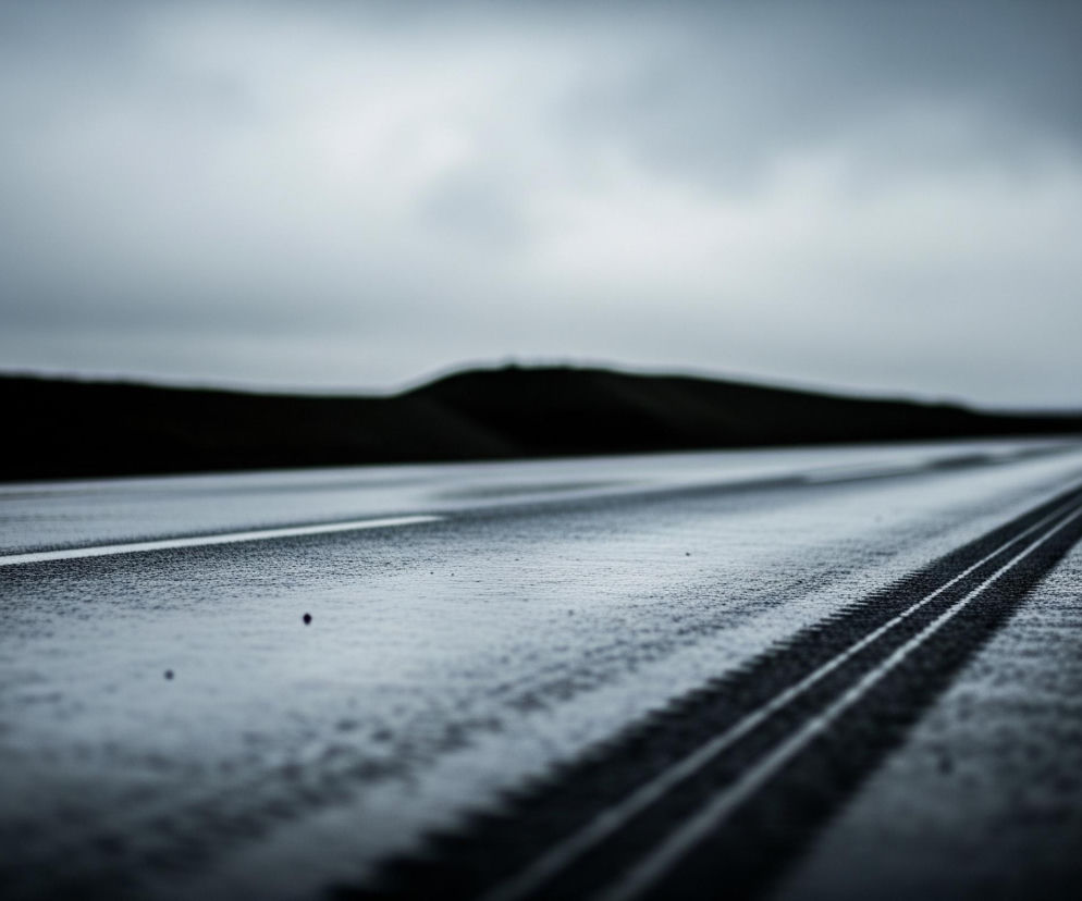 Asfaltowa droga, pokryta licznymi kroplami deszczu, rozciąga się w głąb kadru, tworząc wyraźne linie perspektywiczne. Po lewej stronie widoczna jest ciągła biała linia, a po prawej dwie równoległe czarne linie wyznaczające pas ruchu, zanikające w oddali. Tło stanowi rozmyty krajobraz z ciemnymi, niewyraźnymi wzgórzami na horyzoncie, kontrastującymi z zachmurzonym, szarym niebem. Cała scena utrzymana jest w chłodnej tonacji szarości i granatu, z błyszczącymi refleksami światła na mokrej nawierzchni.