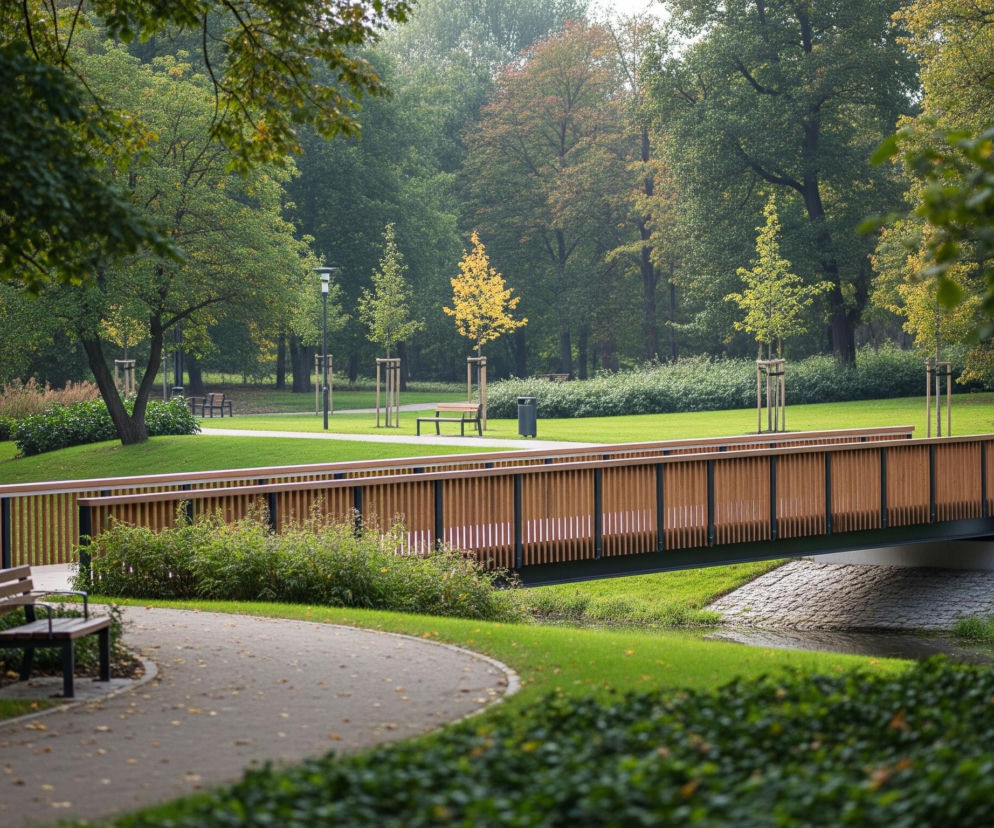 Drewniany most z jasnobrązowymi deskami i czarnymi ramami balustrad rozciąga się nad niewielką rzeką, łącząc ścieżki w parku. Po obu stronach rzeki rozpościera się zielona trawa, a w tle widać gęste, wysokie drzewa o liściach w odcieniach zieleni i żółci, wskazujące na wczesną jesień. Na pierwszym planie po lewej stronie znajduje się betonowa ścieżka wijąca się obok ławki parkowej, natomiast po prawej widoczne są krzewy i fragmenty drzew.