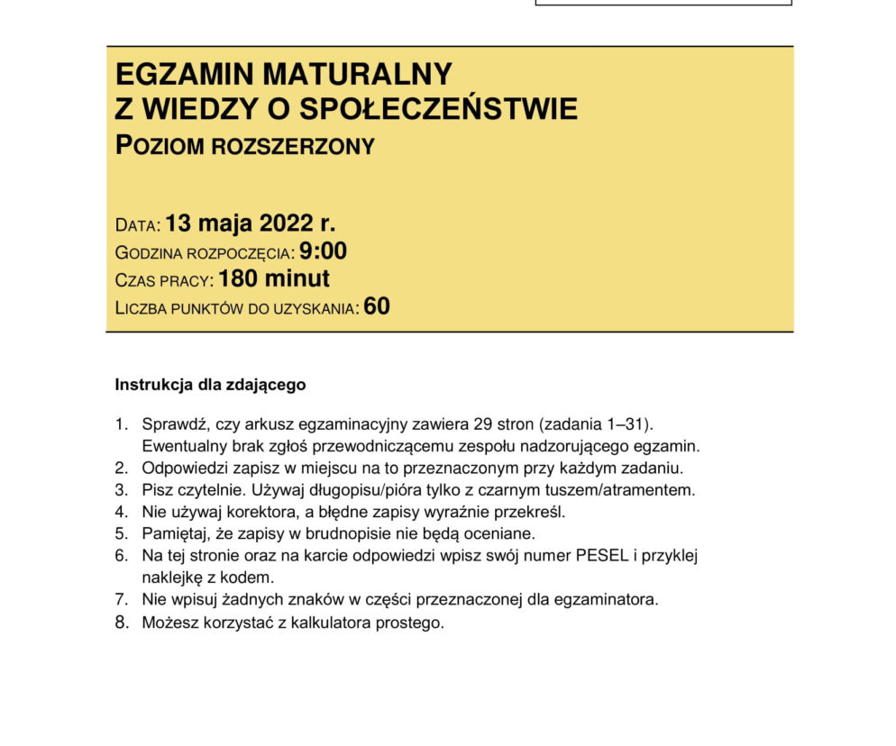 Matura 2022: WOS rozszerzony. Arkusze CKE, zadania, pytania. Poziom rozszerzony	