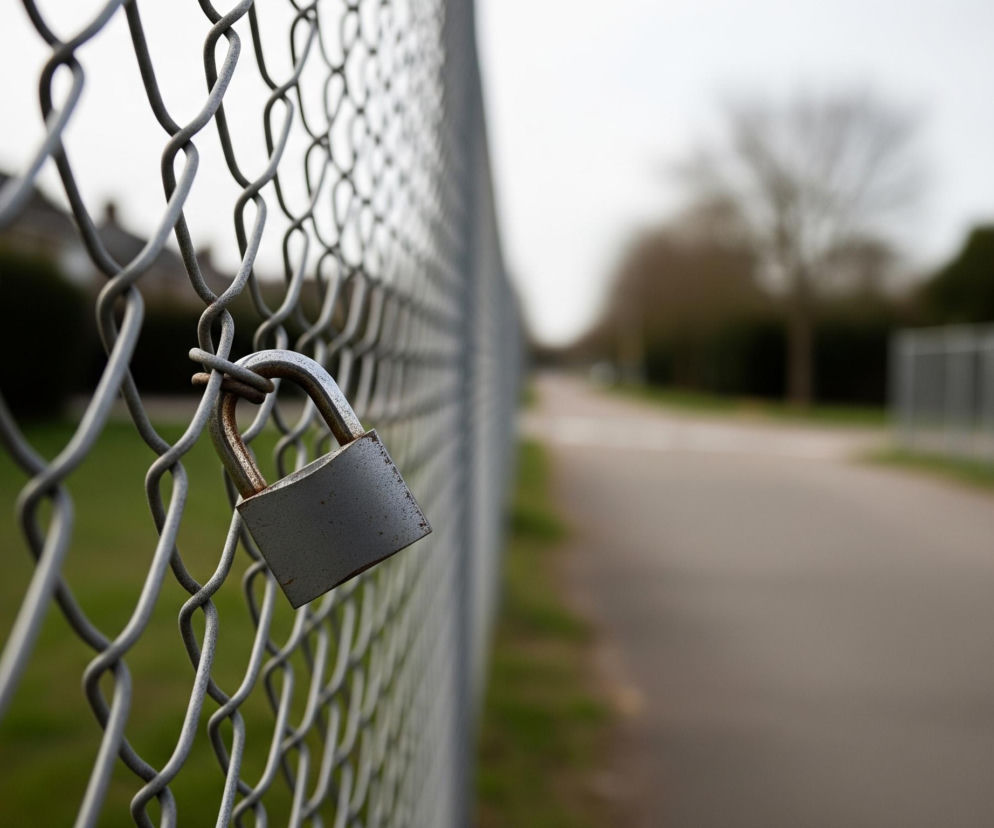 Centralnym elementem jest metalowa kłódka w odcieniach szarości, zawieszona na drucianej siatce ogrodzenia, z widocznymi śladami rdzy na pałąku. Siatka ogrodzenia, wykonana z przeplatanych srebrnoszarych drutów, rozciąga się od lewego dolnego rogu w stronę prawego górnego rogu, tworząc wzór rombów. Za ogrodzeniem po lewej stronie widać niewyraźne, zielone tło trawy i krzewów oraz zamazane fragmenty budynków, natomiast po prawej rozciąga się asfaltowa ścieżka lub droga, wzdłuż której rosną drzewa z nagimi gałęziami i krzewy, wszystko w nieostrym tle.