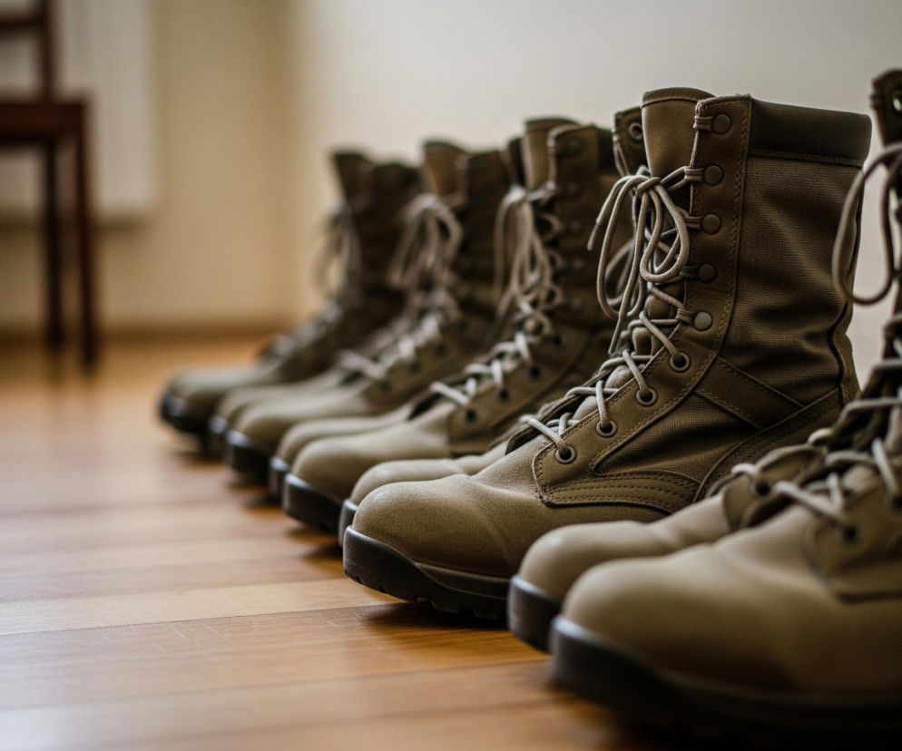 Rząd ośmiu identycznych, zielono-brązowych butów wojskowych stoi na podłodze z jasnego drewna, rozciągając się w głąb obrazu. Buty są sznurowane, z widocznymi metalowymi oczkami i zawiązanymi sznurówkami. Pierwszy but po prawej stronie jest ostry i wyraźny, natomiast kolejne w szeregu stopniowo się rozmywają w tle. Po lewej stronie, w tle, widoczny jest niewyraźny fragment ciemnego, drewnianego krzesła.