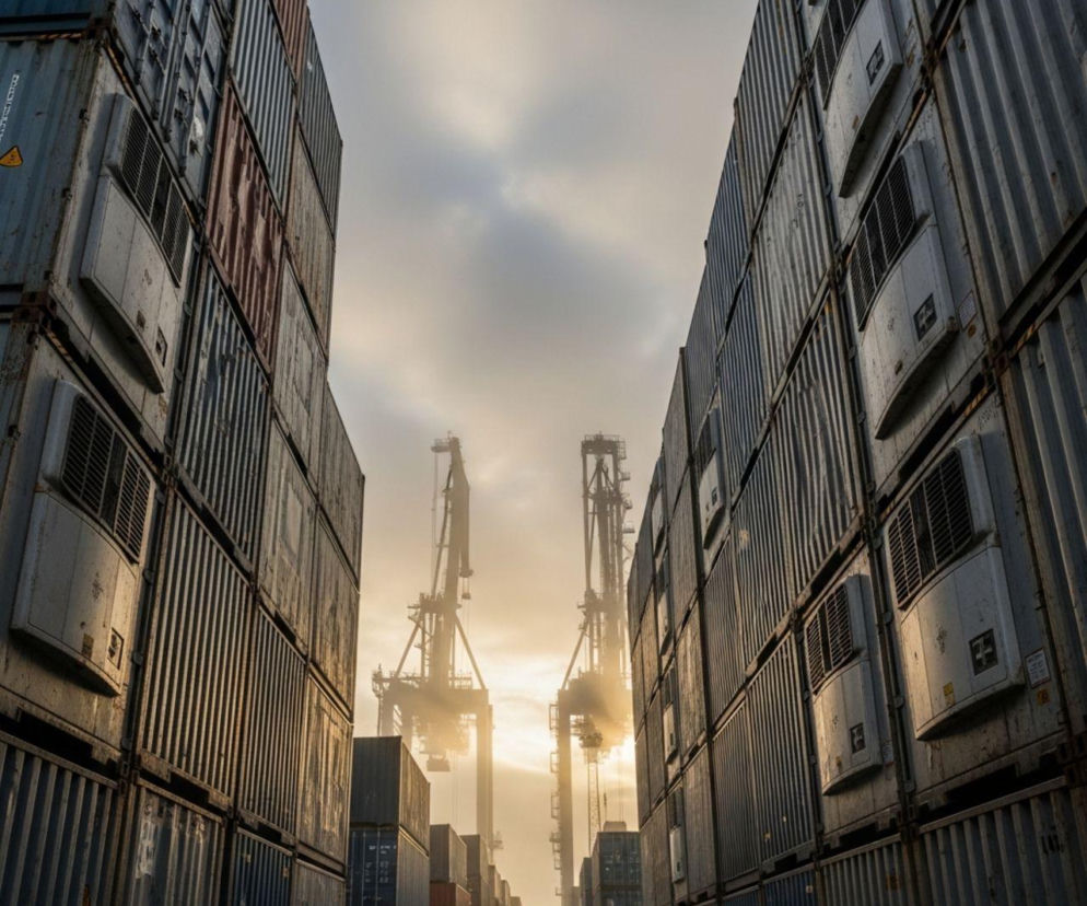 Ułożone jeden na drugim kontenery transportowe w porcie handlowym, z daleka widać żurawie portowe na tle zachmurzonego nieba. Opis symbolizuje rozwój eksportu polskiej żywności, o czym można przeczytać na Super Biznes.