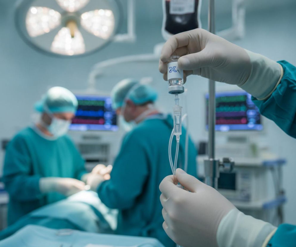 Ręka chirurga w rękawiczce podłącza fiolkę z lekiem do kroplówki podczas operacji, na tle zespołu operacyjnego. Ten niedrogi lek może zmniejszyć potrzebę transfuzji krwi, o czym więcej przeczytasz na portalu Poradnik Zdrowie.