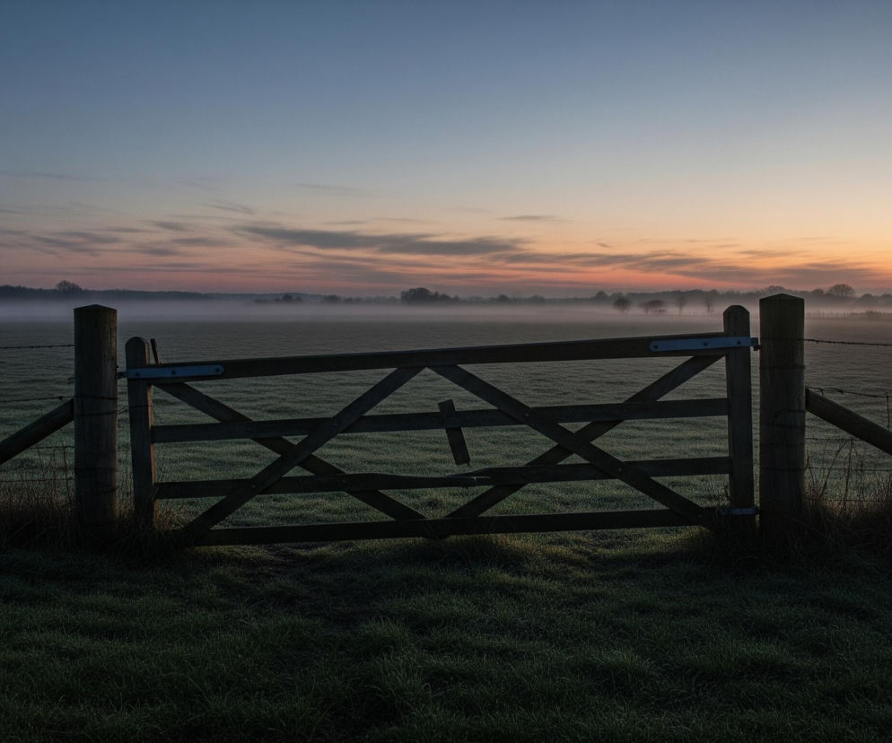 Drewniana brama ogrodzeniowa, zbudowana z pięciu poziomych belek i dwóch ukośnych wsporników tworzących kształt litery X, dominuje na pierwszym planie, umieszczona centralnie. Po obu stronach bramy stoją grube drewniane słupki, od których rozciągają się druty kolczaste, tworzące ogrodzenie po lewej i prawej stronie, zanikające w dali. Bezpośrednio przed ogrodzeniem rozpościera się ciemnozielona trawa. Za ogrodzeniem widoczne jest rozległe pole pokryte białawym szronem lub lekką mgłą, tworzącą pasmo rozciągające się horyzontalnie. Horyzont ukazuje delikatne przejście kolorów: od ciemnoniebieskiego nieba u góry, poprzez jasnoniebieskie, do złoto-pomarańczowego odcienia tuż nad pasmem mgły, sugerując wschód lub zachód słońca. W oddali, na linii horyzontu, zza mgły wyłaniają się zarysy drzew i lasu, tworząc ciemne sylwetki.