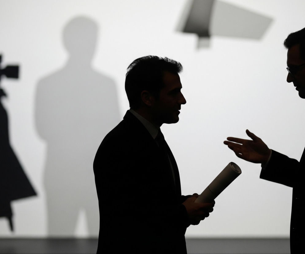 Dwie ciemne sylwetki mężczyzn w garniturach, widzianych z profilu, stoją na tle jasnej, jednolitej ściany. Mężczyzna po lewej stronie trzyma w obu dłoniach zwinięty dokument, zaś mężczyzna po prawej ma otwarte dłonie skierowane ku górze, wykonując gest mówienia. W tle widoczne są rozmyte cienie innych kształtów, w tym niewyraźny zarys człowieka oraz obiektu przypominającego kamerę i samolot. Kontrast między ciemnymi sylwetkami a jasnym tłem jest bardzo wyraźny.