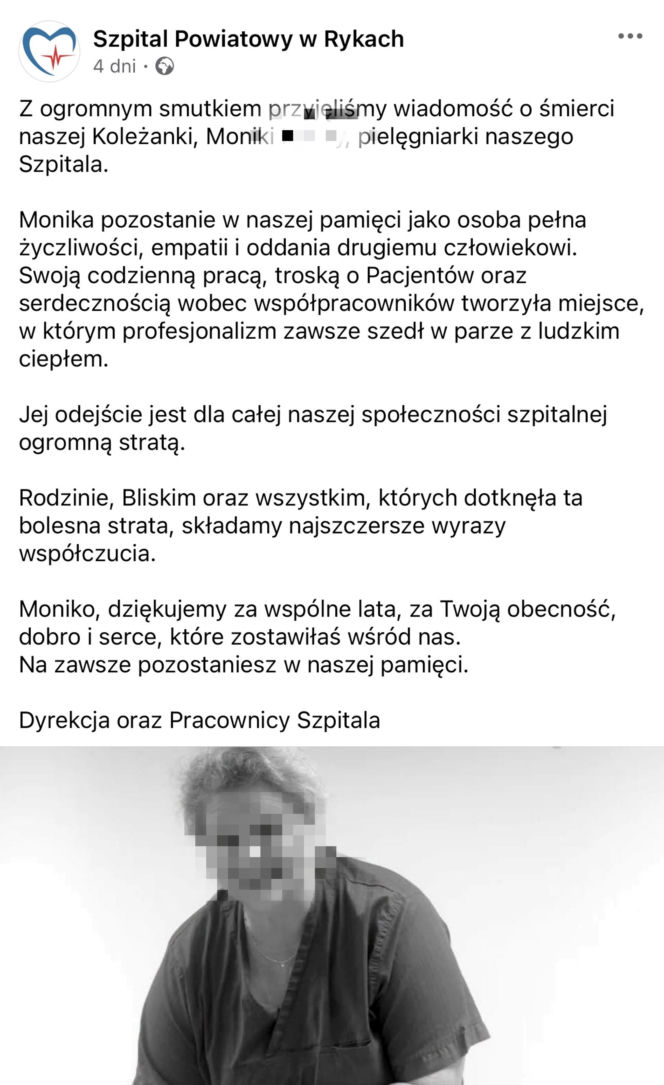 Tragiczna śmierć ukochanej pielęgniarki. Monika niedawno świętowała 40-lecie pracy