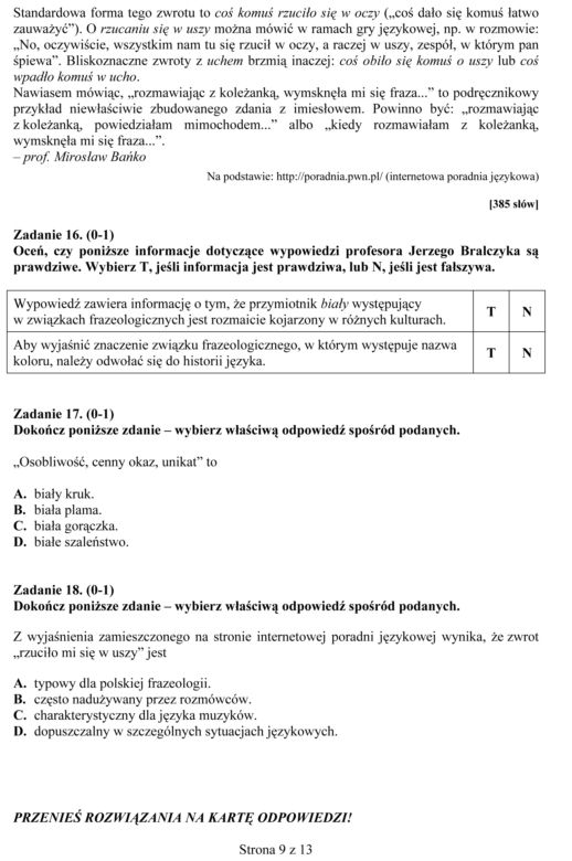 EGZAMIN GIMNAZJALNY 2013 JĘZYK POLSKI - ODPOWIEDZI, ARKUSZE z CKE