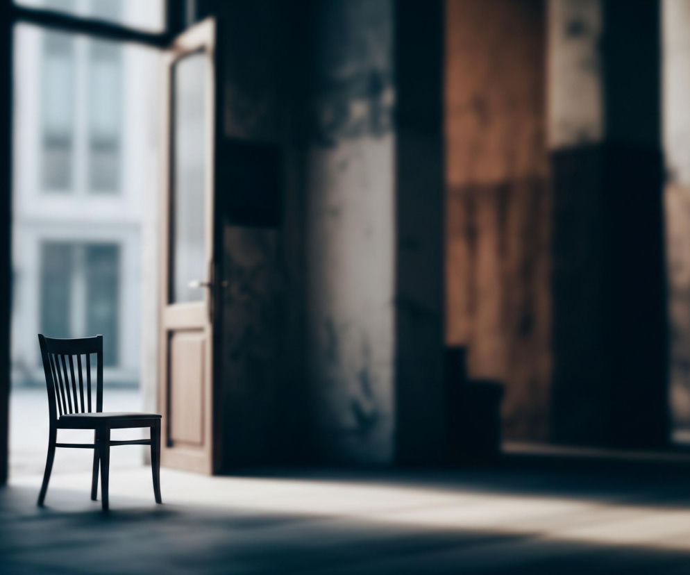 Pojedyncze, ciemne krzesło z pionowymi szczebelkami w oparciu stoi w lewej części kadru, na tle otwartych, jasnych drzwi. Przez drzwi widoczne jest rozmyte, jasne otoczenie z zarysami okien. Pomieszczenie po prawej stronie krzesła jest ciemne i niewyraźne, z kilkoma pionowymi filarami lub ścianami w odcieniach brązu i szarości. Światło pada z lewej strony, tworząc jasną smugę na podłodze, na której stoi krzesło, rozjaśniając również jego siedzisko.