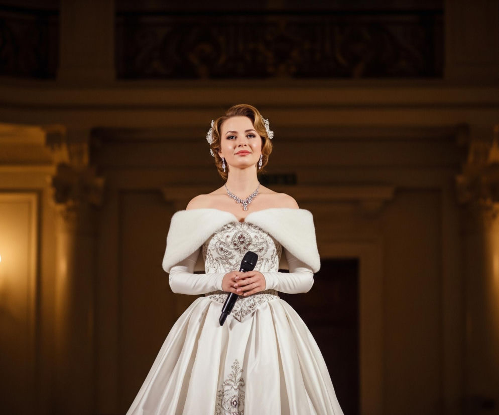 Młoda kobieta w eleganckiej białej sukni stoi centralnie, lekko uśmiechając się i patrząc prosto przed siebie. Jej jasne włosy są ułożone w fale i ozdobione błyszczącymi spinkami po prawej stronie, a jej uszy zdobią długie, lśniące kolczyki, pasujące do naszyjnika na szyi. Kobieta trzyma w dłoni czarny mikrofon, jej długa biała suknia ma zdobione gorset oraz futrzany kołnierz okrywający ramiona. Tło jest ciemne i rozmyte, ukazując fragmenty architektoniczne w odcieniach brązu i beżu, z dwoma świecącymi świecznikami po obu stronach.