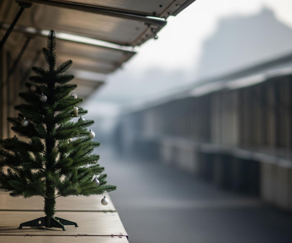 W centrum obrazu znajduje się mała, sztuczna choinka w intensywnym odcieniu zieleni, ozdobiona kilkunastoma, lśniącymi, srebrnymi bombkami. Drzewko stoi na brązowej, drewnianej półce lub blacie, podtrzymywane przez ciemnozieloną plastikową podstawę w kształcie krzyża. Nad choinką widoczne są fragmenty konstrukcji złożonej z jasnych, metalowych paneli, częściowo otwartych, tworzących rodzaj zadaszenia lub osłony. Tło jest zamglone i rozmyte, ukazując długi rząd podobnych konstrukcji architektonicznych, które zanikają w oddali w szaro-białej mgle.