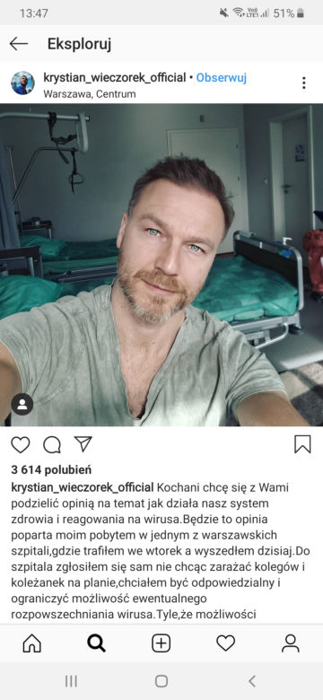 Koronawirus. Gwiazdor "M jak miłość" trafił do szpitala [ZDJĘCIE]