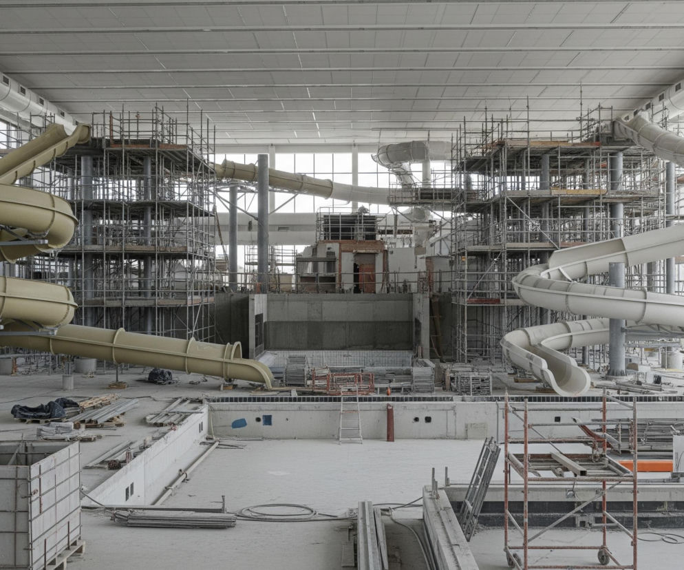 Wnętrze dużego, jeszcze nieukończonego budynku, przypominającego aquapark, z widocznymi basenami i kilkoma zjeżdżalniami wodnymi w różnych fazach montażu. Lewa strona pomieszczenia ukazuje trzy zjeżdżalnie o jasnobeżowym kolorze, kręcące się spiralnie wokół metalowych słupów i wznoszące się wysoko ku sufitowi, podtrzymywane przez rusztowania. Prawa strona prezentuje podobne, ale białe zjeżdżalnie, również otoczone rusztowaniami i metalowymi konstrukcjami. Pomieszczenie jest dobrze oświetlone przez duże, pionowe okna, zajmujące całe ściany boczne, a na podłodze leżą różne materiały budowlane, takie jak metalowe pręty, deski i plandeki. Trzech pracowników w kaskach i kamizelkach odblaskowych, w tym jeden w jasnozielonej i dwóch w pomarańczowej, stoi na posadzce po prawej stronie.