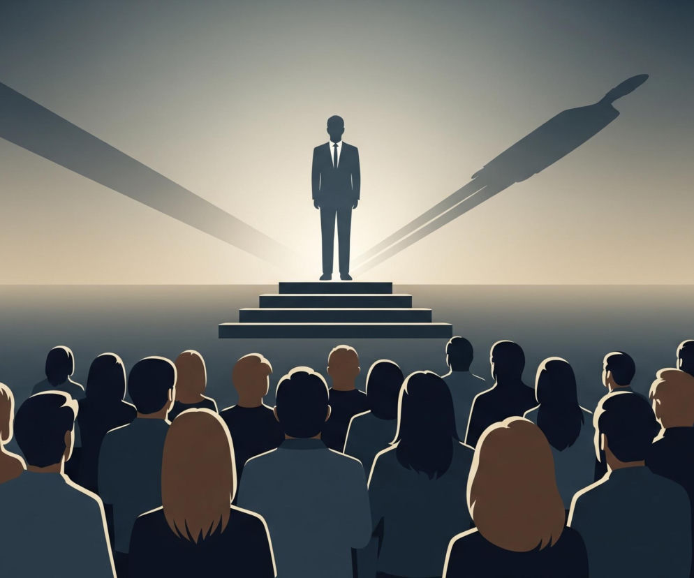 Centralnie umieszczony mężczyzna w garniturze stoi na szczycie ciemnych schodów, zwrócony przodem do widza. Po jego lewej stronie rozciąga się długi, ukośny cień z uniesionymi ramionami, natomiast po prawej widoczny jest kolejny, krótszy, ukośny cień. Podest i tło są utrzymane w odcieniach szarości i beżu, rozjaśniających się za postacią. Poniżej, na pierwszym planie, widać grupę osób w ciemnych ubraniach, zwróconych plecami do widza i patrzących w stronę mężczyzny na schodach; niektóre z postaci mają jaśniejsze obrysy.