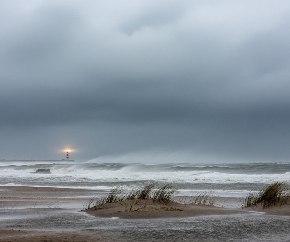 Na pierwszym planie rozciąga się piaszczysta plaża z niewielkimi wydmami, pokrytymi kępami suchej trawy o brązowo-zielonym odcieniu, wyraźnie pochylonymi od wiatru. Środkowa część obrazu to wzburzone morze z białymi grzywami fal, rozbijającymi się o brzeg i unoszącymi mgiełkę wody. W tle, na horyzoncie, widać latarnię morską w czerwono-białe pasy, której reflektor jasno świeci, tworząc wokół siebie złotą poświatę, a za nią ciemniejące niebo z gęstymi, szarymi chmurami, które dominują na górze kadru.