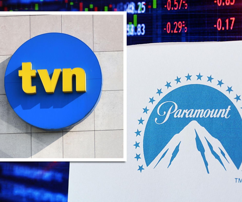 Logo Paramount na tle giełdowym, obok wstawka z logo TVN. O fuzji mediów przeczytasz na SE Superbiz.