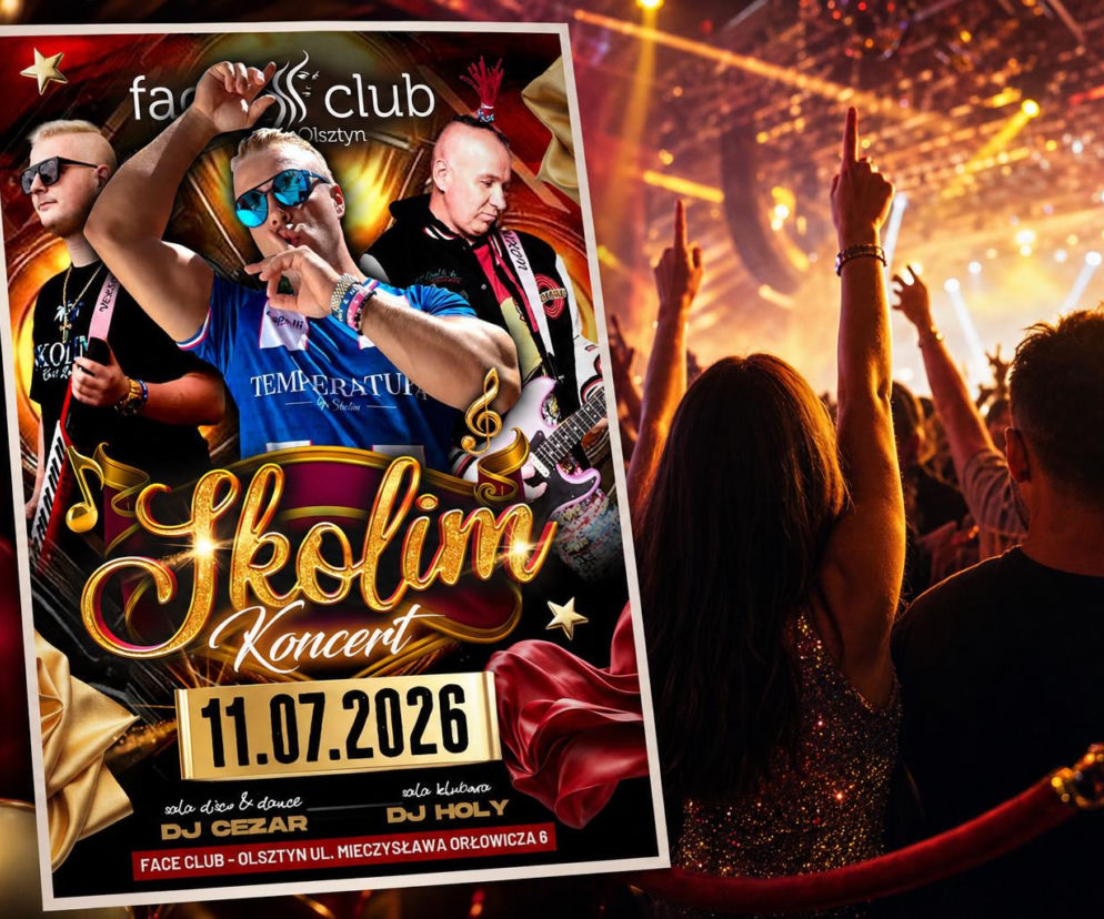 Bawiący się tłum w klubie. Obok plakat z artystą Skolimem. O koncercie w Olsztynie przeczytasz na VOX FM.