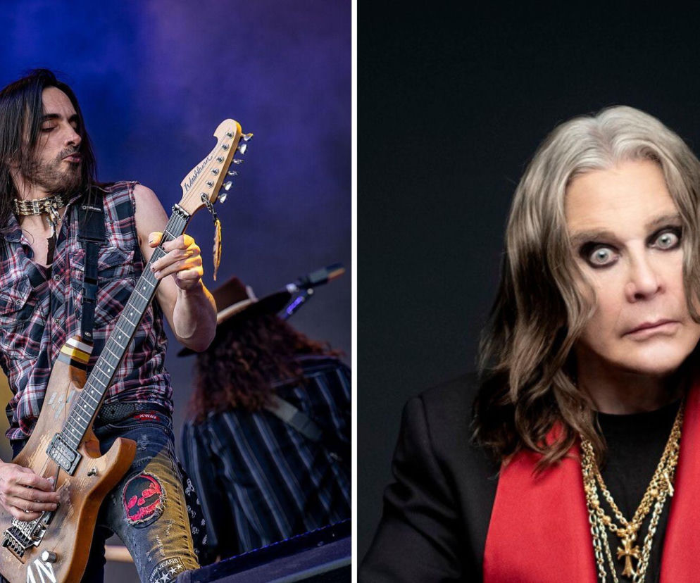Gitarzysta Nuno Bettencourt na scenie, obok zdjęcie Ozzy'ego Osbourne'a. O ich wspólnej historii przeczytasz na EskaRock.