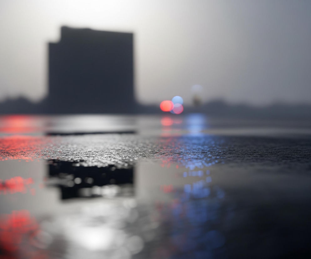 Pierwszy plan przedstawia mokrą, ciemną powierzchnię, która jest miejscami błyszcząca i odbija światło. W lewej części pierwszego planu widoczne jest rozmyte, czerwone światło odbijające się od powierzchni, a po prawej stronie znajduje się niebieskie rozmyte światło, również odbijające się od mokrej nawierzchni. W tle, powyżej horyzontu, widać ciemną sylwetkę budynku oraz kilka rozmytych świateł, głównie czerwonych i niebieskich. Całość utrzymana jest w chłodnej tonacji szarości i niebieskości, z dominującymi akcentami czerwieni i bieli w górnej części tła, gdzie widać jasne, rozmyte światło.