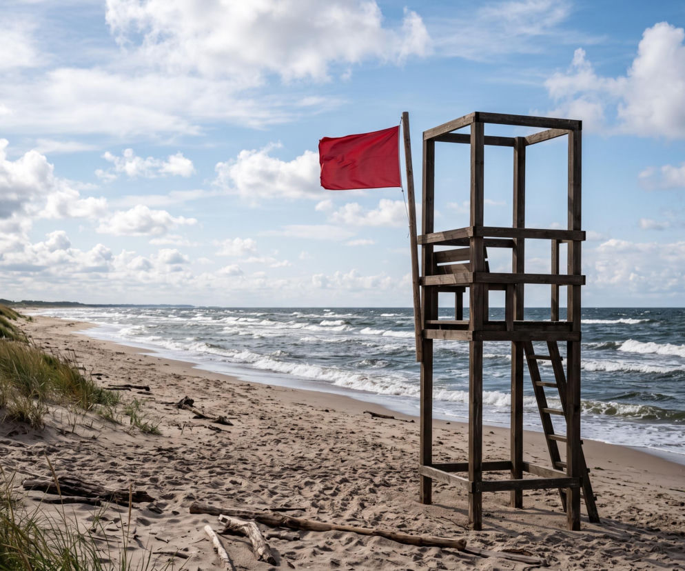 Czerwona flaga na wieży ratowniczej na pustej plaży w Chłopach. O zasadach bezpieczeństwa przeczytasz na SE Szczecin.