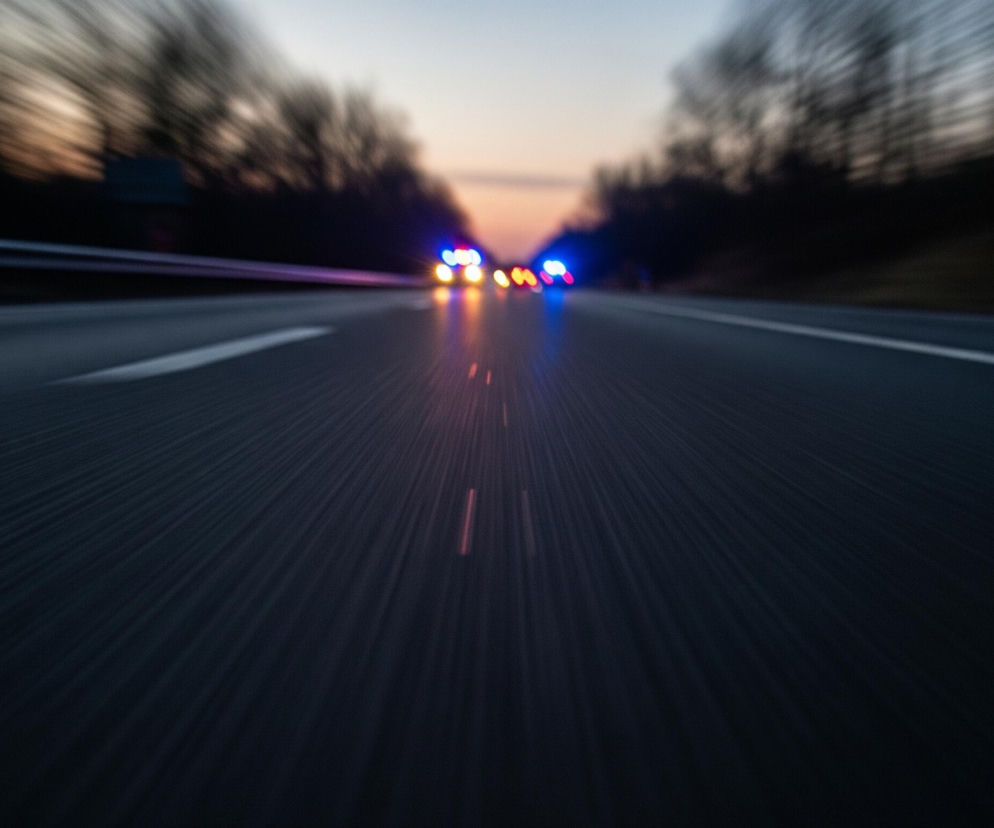 Ciemna droga asfaltowa rozciąga się w głąb obrazu, zajmując większą część kadru. Na jej powierzchni widoczne są białe linie, z jedną wyraźnie widoczną po prawej stronie, a drugą, bardziej rozmytą, po lewej. W oddali, na horyzoncie, majaczą rozmyte światła, głównie niebieskie i pomarańczowe, sugerujące obecność pojazdów. Tło stanowi zamglony krajobraz z ciemnymi sylwetkami drzew po obu stronach drogi, z delikatnym przejściem kolorów od jasnego, błękitno-szarego nieba u góry do cieplejszych odcieni pomarańczu bliżej linii horyzontu. Cały obraz jest dynamiczny, z efektem rozmycia ruchu, co wskazuje na szybkie przemieszczanie się.