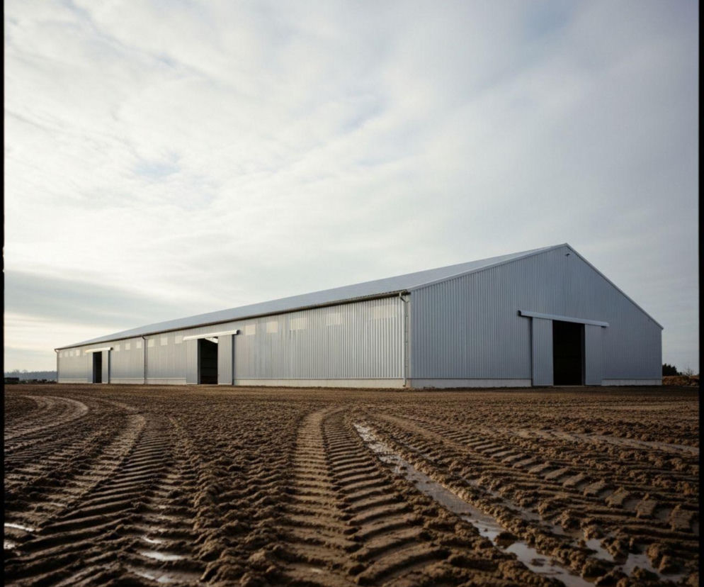 Nowoczesny, długi budynek gospodarczy z blachy falistej na tle zachmurzonego nieba, widziany z poziomu gruntu, z widocznymi śladami kół maszyn rolniczych na błotnistej ziemi. Obraz ilustruje problem rosnących kosztów produkcji w rolnictwie, o czym więcej można przeczytać na portalu Super Biznes.