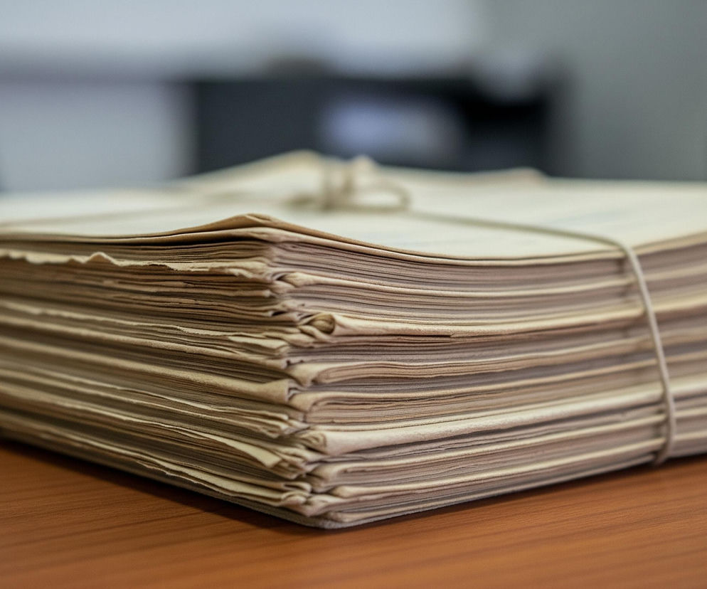 Duży stos dokumentów, związanych sznurkiem, leżący na brązowym, drewnianym biurku. Dokumenty mają odcień beżowo-szary, a ich krawędzie są nierówne i lekko pozaginane, co sugeruje ich wiek. Sznurek, w kolorze zbliżonym do bieli, oplata stos wzdłuż i wszerz, tworząc na górze kokardkę. Tło jest rozmyte, przedstawiając nieostre kontury jasnych i ciemnych elementów.