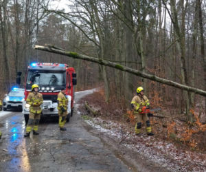 Uszkodzony radiowóz, zalania, połamane drzewa. Wichury w pow. iławskim