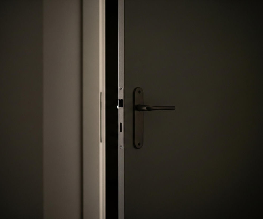 Prawie zamknięte ciemne drzwi zajmują centralną i prawą część kadru, z ciemną klamką skierowaną w prawo. Lewa strona drzwi odsłania wąską, pionową szczelinę z jasnym paskiem światła po lewej stronie krawędzi ościeżnicy. Po lewej stronie szczeliny, na tle jaśniejszej ściany, widoczny jest fragment framugi. Całe ujęcie utrzymane jest w tonacji szarości i ciemnych brązów, z mocnym cieniem w prawym dolnym rogu.