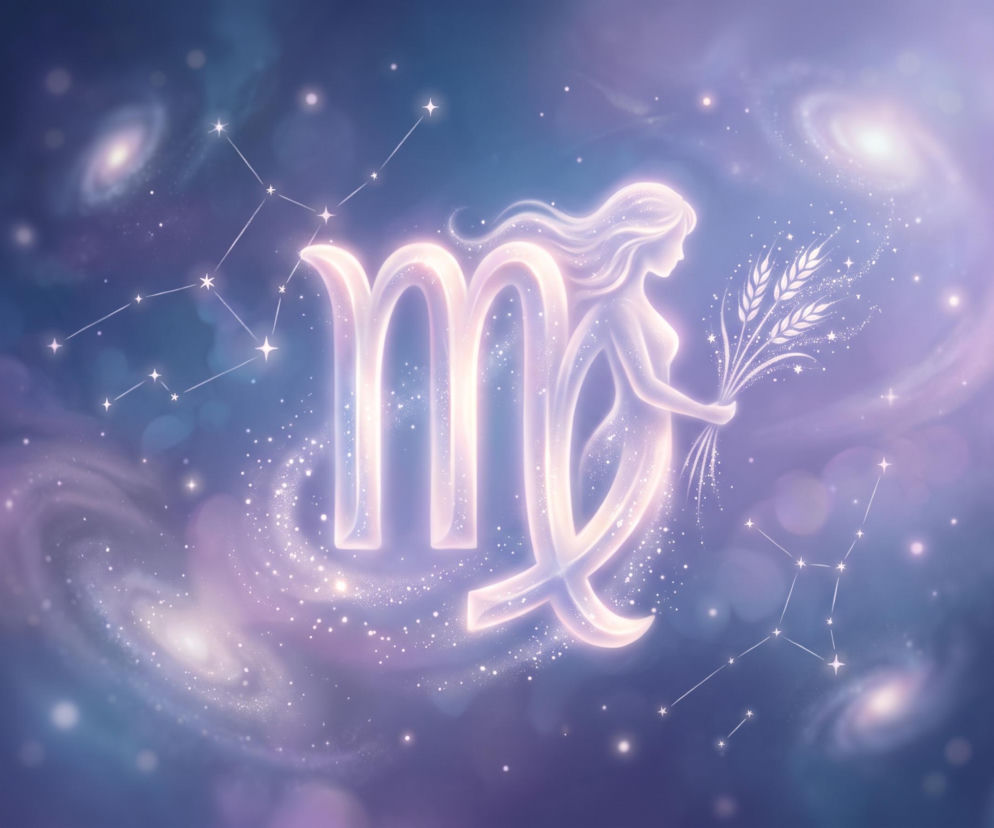 Świecący symbol znaku zodiaku Panny na tle kosmosu. O horoskopie dziennym dla Panny przeczytasz w serwisie Eska.