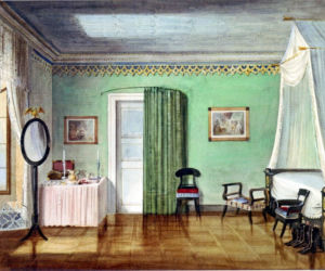 Sypialnia w stylu biedermeier na XIX-w. akwareli. Elegancja mebli i kompozycji wnętrza wyraźnie podporządkowana funkcjonalności wyposażenia.