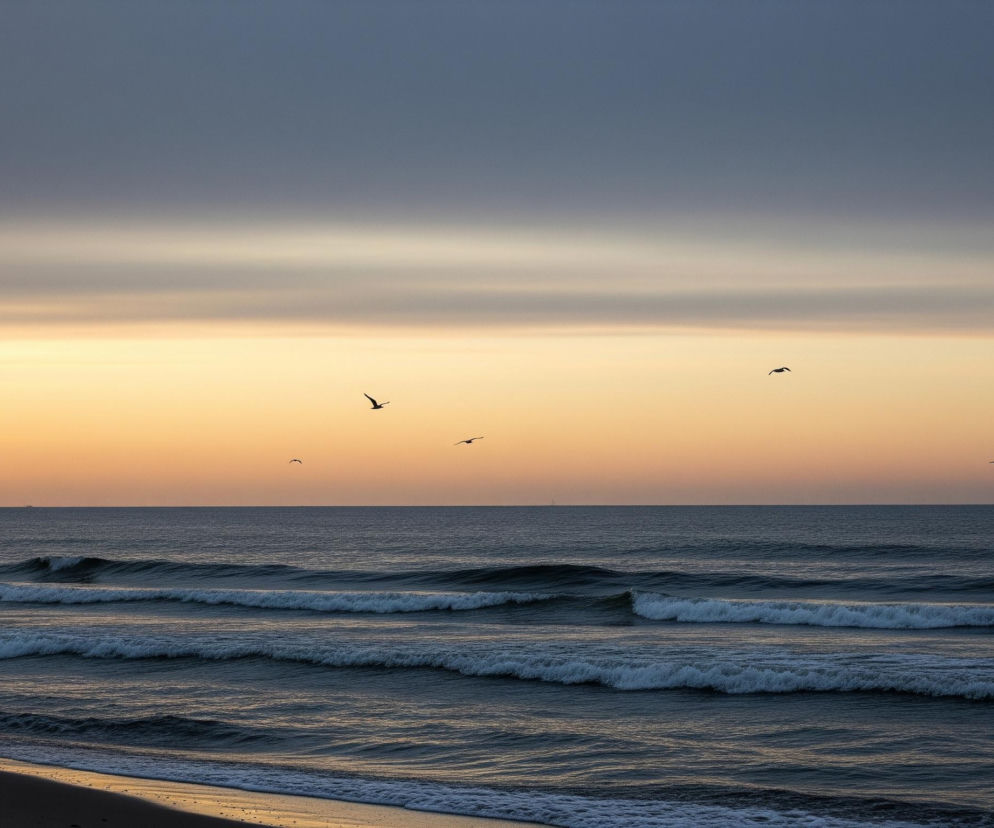 Rozległe morze zajmuje dolną część kadru, z wyraźnie zarysowanymi, spienionymi falami rozbijającymi się o piaszczysty brzeg widoczny w lewym dolnym rogu. Na horyzoncie, ponad ciemnoniebieską wodą, rozciąga się pas pomarańczowo-żółtego nieba, przechodzący wyżej w odcienie szarości i błękitu. Na niebie widocznych jest pięć sylwetek ptaków w locie, rozrzuconych w różnych miejscach.