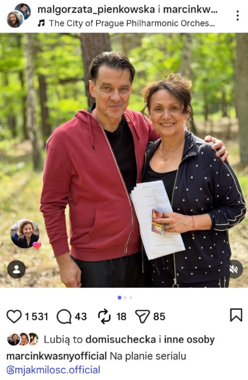 M jak miłość po wakacjach. Marysia (Małgorzata Pieńkowska), nowy bohater Jerzy Wielicki (Marcin Kwaśny) na planie