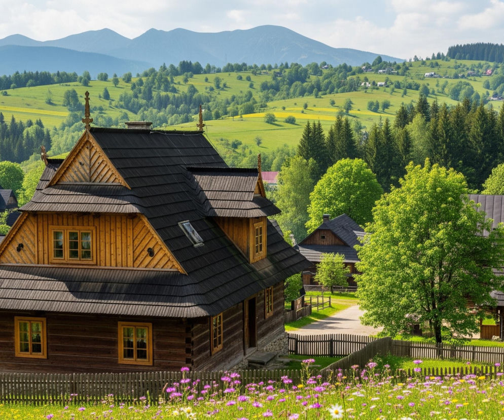 Na pierwszym planie widoczny jest tradycyjny drewniany dom z ciemnym, łamanym dachem krytym gontem, posiadający liczne okna z jasnymi ramami. Dom otacza drewniany płot, a tuż przed nim rozciąga się łąka pełna różowych i białych kwiatów. W tle rozciąga się pagórkowaty krajobraz z zielonymi polami i gęstymi lasami iglastymi, a za nimi majestatyczne, błękitne pasma górskie pod częściowo zachmurzonym niebem. Po prawej stronie widać fragmenty innych podobnych drewnianych domów oraz gruntową drogę, prowadzącą przez malowniczą wieś.