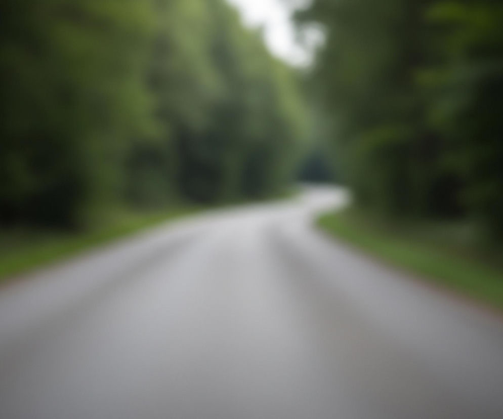 Droga asfaltowa rozciąga się w głąb kadru, tworząc delikatny zakręt w prawą stronę. Po obu stronach drogi rosną gęste, zielone drzewa, tworząc swoisty tunel. Cały obraz jest nieostry, co nadaje mu rozmyty, eteryczny charakter, z jaśniejszym obszarem w górnej części sugerującym światło lub niebo.