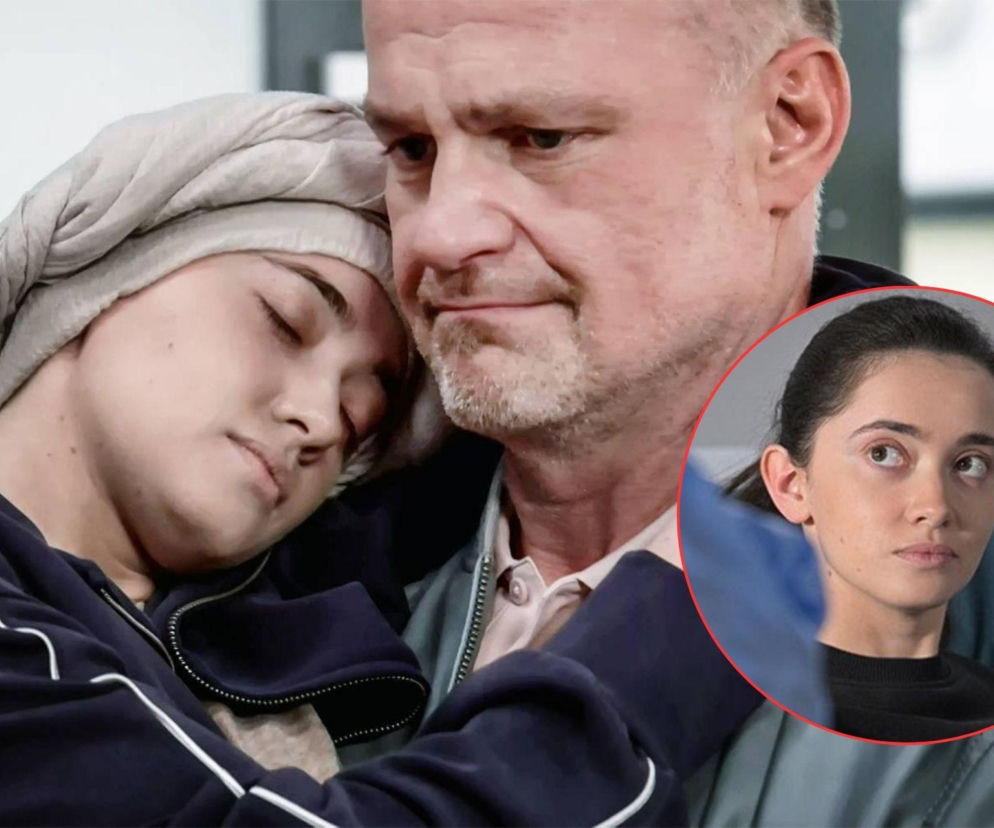 Mężczyzna z zarostem obejmuje kobietę w turbanie, która śpi. W rogu okrągłe zdjęcie Angeliki Olszewskiej. Scena ilustruje dramatyczne wydarzenia z serialu Pierwsza miłość, związane z porwaniem córki Bolesława. Więcej o losach bohaterów przeczytasz na stronie Super Seriale.