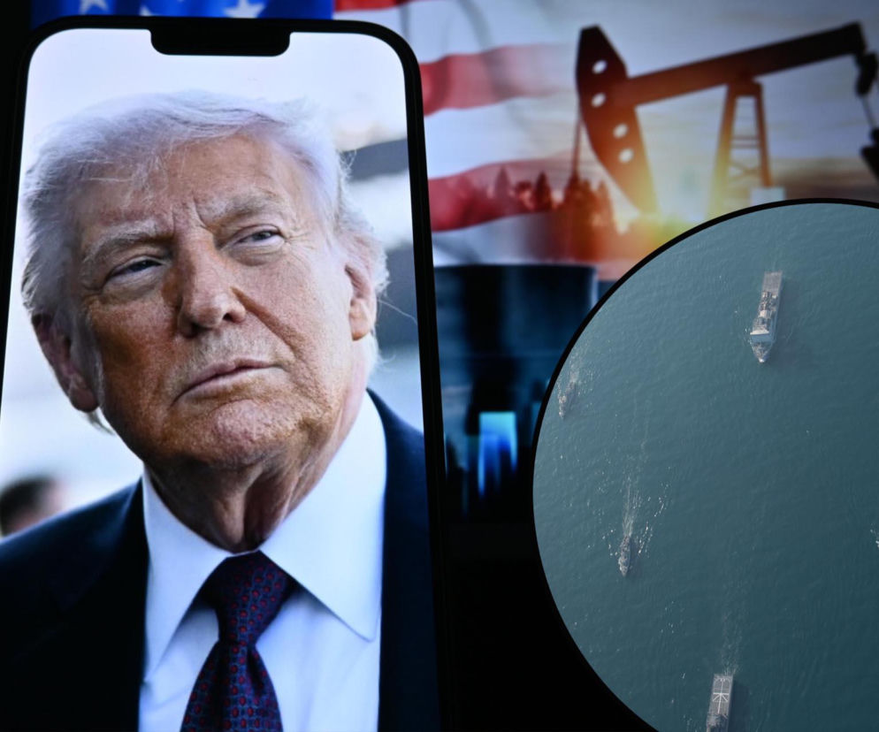 Donald Trump na ekranie telefonu, w tle flaga USA, platforma wiertnicza i statki w cieśninie Ormuz. Zdjęcie ilustruje tajną operację USA i transport ropy, o której można przeczytać na Super Biznes.