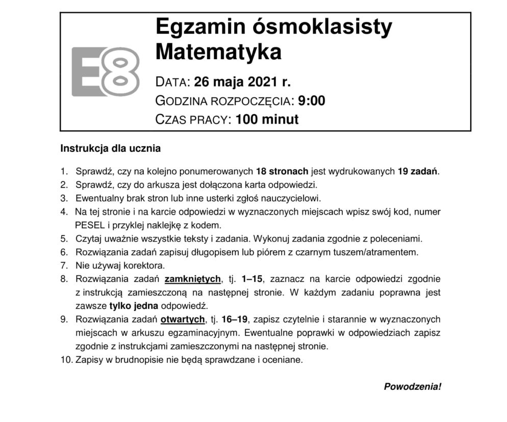  Egzamin ósmoklasisty 2021 matematyka. Arkusze CKE, pytania, odpowiedzi [26.05.2021]