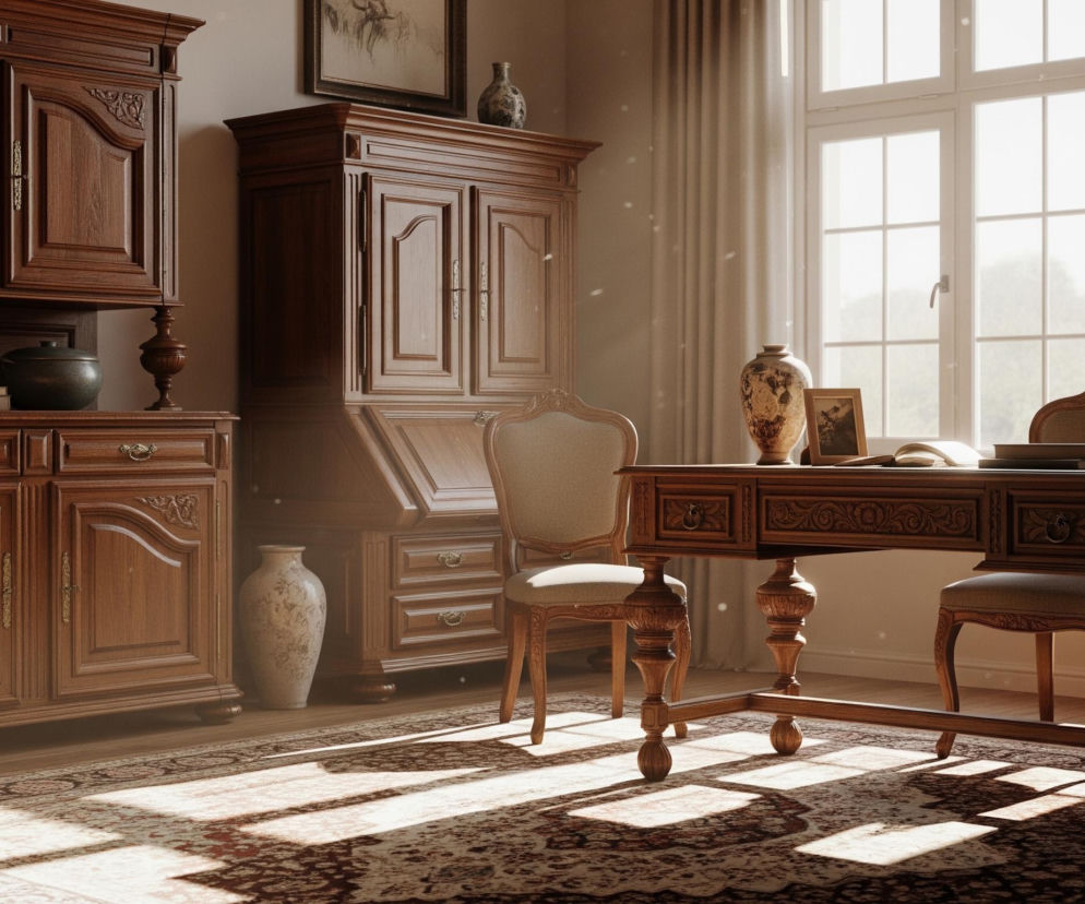 Pomieszczenie w stylu retro oświetlone jest silnym światłem słonecznym, wpadającym przez duże, białe okno z kratownicą, znajdujące się po prawej stronie. Na pierwszym planie, w centralnej części, stoi bogato zdobione drewniane biurko z dwiema krzesłami po obu stronach, a na jego blacie widać dużą, marmurkową wazę z ornamentami, ramkę na zdjęcie i otwartą książkę. Lewą część kadru zajmują dwa drewniane, rzeźbione meble o ciemnobrązowym kolorze, wyglądające jak szafy lub kredensy, z których jeden ma na szczycie wazon i obraz w ramie. Na podłodze leży duży, ozdobny dywan w odcieniach beżu i bordo z tradycyjnym wzorem, częściowo rozświetlony promieniami słońca, tworzącymi wyraźne cienie.