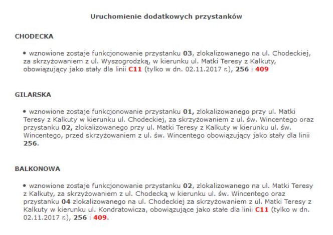 CZĘŚĆ 1      Zmiany obowiązujące w dniach 23-27.10.2017 r. oraz 2.11.2017 r. (poniedziałek-piątek oraz czwartek)