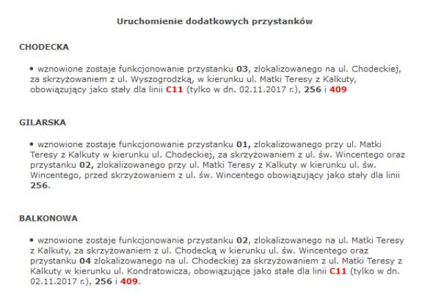 CZĘŚĆ 1      Zmiany obowiązujące w dniach 23-27.10.2017 r. oraz 2.11.2017 r. (poniedziałek-piątek oraz czwartek)