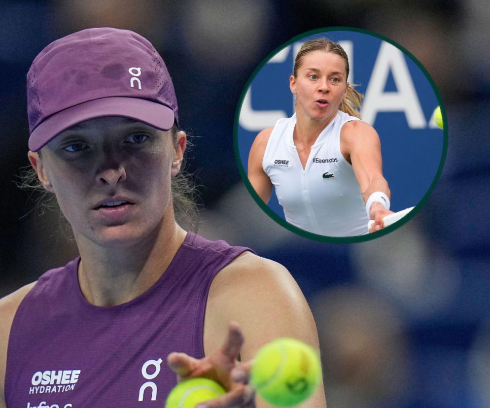 Iga Świątek w fioletowym stroju, obok na miniaturze Maja Chwalińska. O losowaniu WTA Wuhan przeczytasz na SE Supersport.