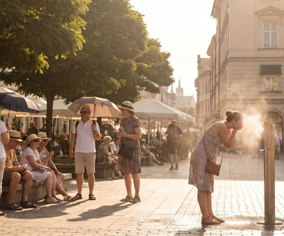 Ludzie ochładzający się w mieście podczas upałów, w tym kobieta myjąca twarz przy zraszaczach wodnych. Inni używają parasoli przeciwsłonecznych. Więcej o alertach IMGW dla całego kraju i upałach do 42 stopni C przeczytasz na naszym portalu.