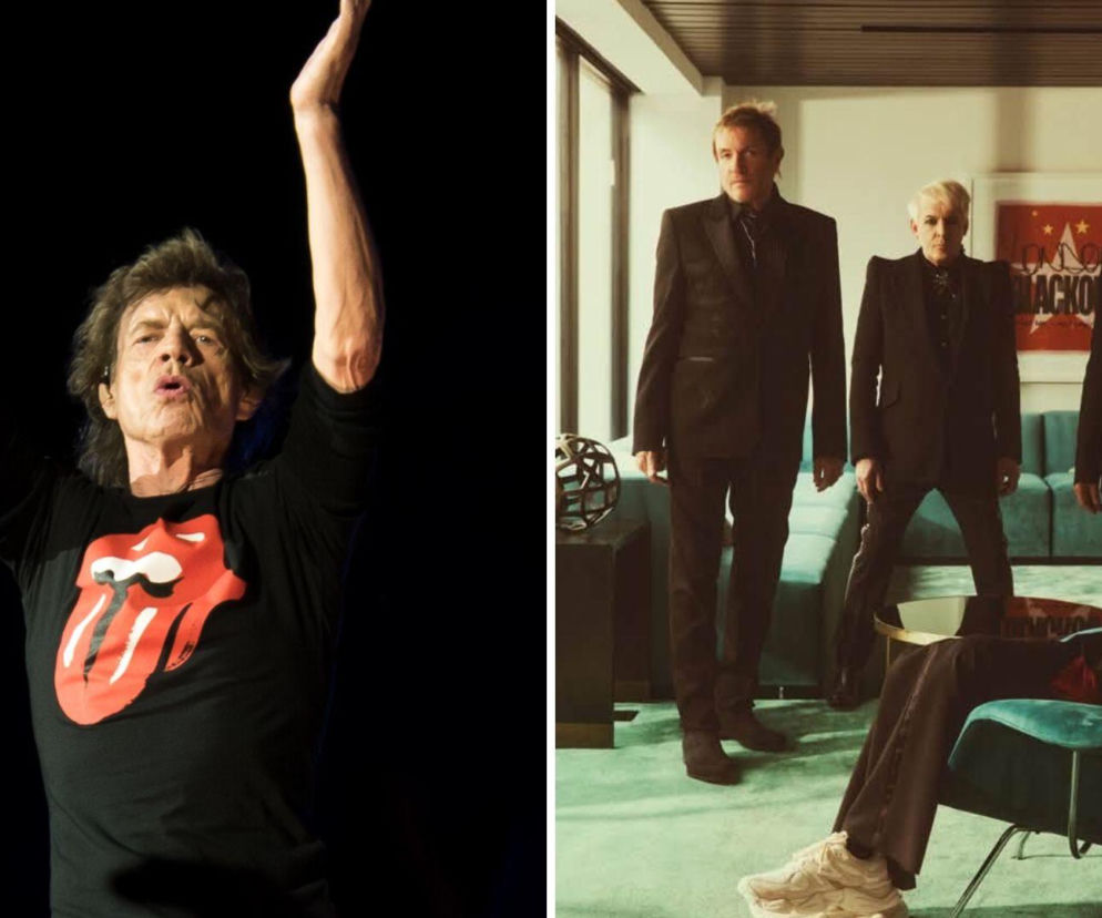Mick Jagger z uniesionymi rękami, a obok na zdjęciu muzycy Duran Duran. O historii zespołów czytaj w EskaRock.