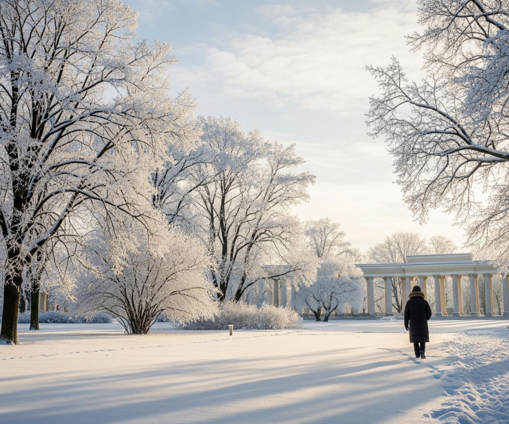 Ośnieżony park w zimowy, słoneczny dzień. Główny plan zajmuje rozległa, pokryta grubą warstwą śniegu przestrzeń, przez którą prowadzi wydeptana ścieżka. Na ścieżce, tyłem do widza, kroczy postać w ciemnej zimowej kurtce z kapturem i czapce, pozostawiając za sobą ślady stóp. Po obu stronach ścieżki i w tle rośnie wiele drzew i krzewów, których nagie gałęzie są obficie pokryte białym szronem, lśniącym w blasku słońca. W prawym górnym rogu widać wyraźne promienie słońca. W tle widoczny jest długi, klasycystyczny budynek z kolumnami. Niebo jest błękitne z delikatnymi, białymi chmurami.
