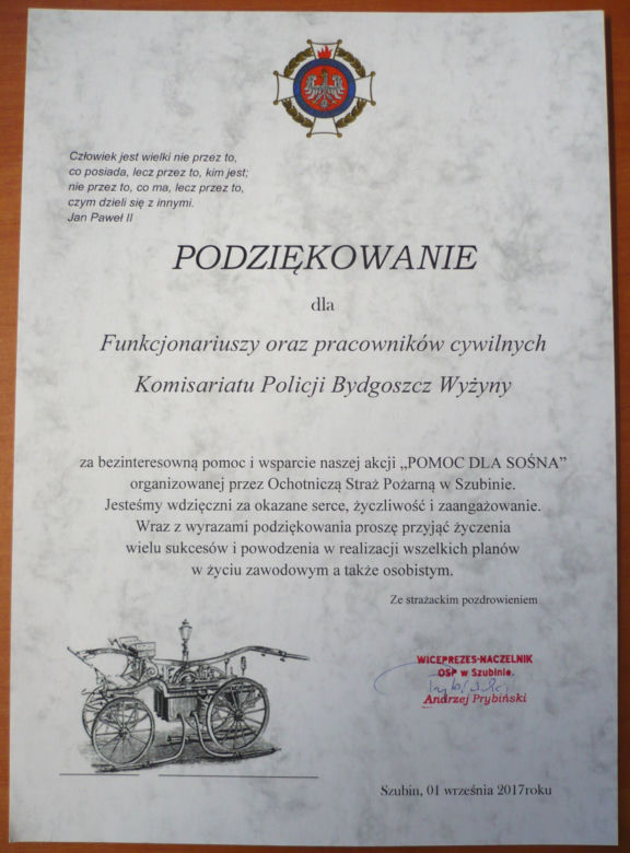 Policjanci z bydgoskich Wyżyn  wraz z OSP w Szubinie zorganizowali zbiórkę pieniędzy dla Sośna [ZDJĘCIA]