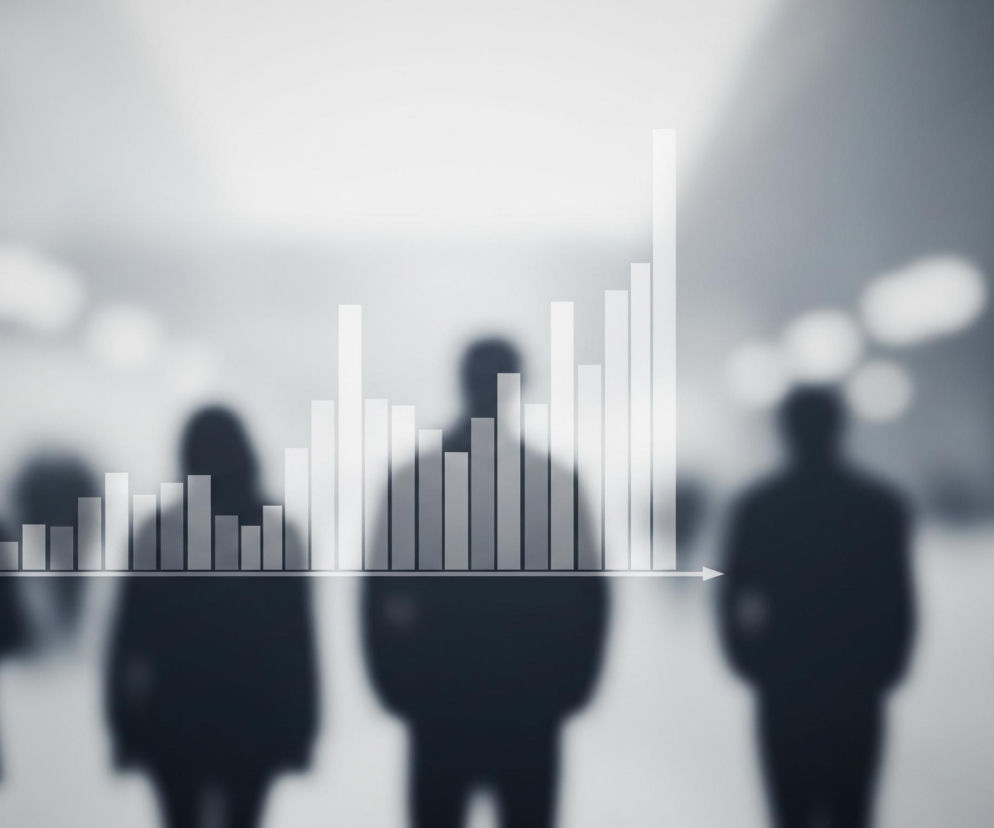 Na obrazie widoczne są cienie pięciu osób, stojących frontalnie, na rozmytym tle o szarej kolorystyce z jaśniejszymi, rozproszonymi światłami. Centralną część zajmuje przezroczysty wykres słupkowy o białych słupkach, z osią pionową zakończoną strzałką skierowaną w górę i osią poziomą zakończoną strzałką skierowaną w prawo. Słupki wykresu mają różną wysokość, wskazującą trend wzrostowy, zwłaszcza w prawej części wykresu, gdzie ostatni słupek jest najwyższy.