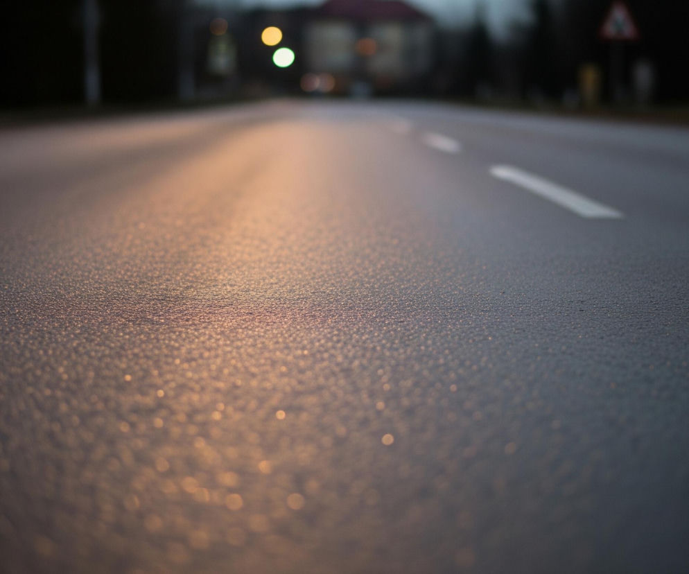 Na pierwszym planie widoczna jest asfaltowa droga, pokryta licznymi drobnymi kropelkami wody, odbijającymi pomarańczowe światło, co tworzy efekt iskrzenia. Droga ciągnie się w głąb obrazu, a po prawej stronie ma białe, przerywane oznakowanie poziome. W oddali, na rozmytym tle, dostrzegalne są niewyraźne światła uliczne w kolorze pomarańczowym i jasnozielonym, a także zarys budynku z czerwonym dachem oraz niewyraźne drzewa i znak drogowy po prawej stronie. Ogólna atmosfera obrazu jest ciemna i wieczorowa.