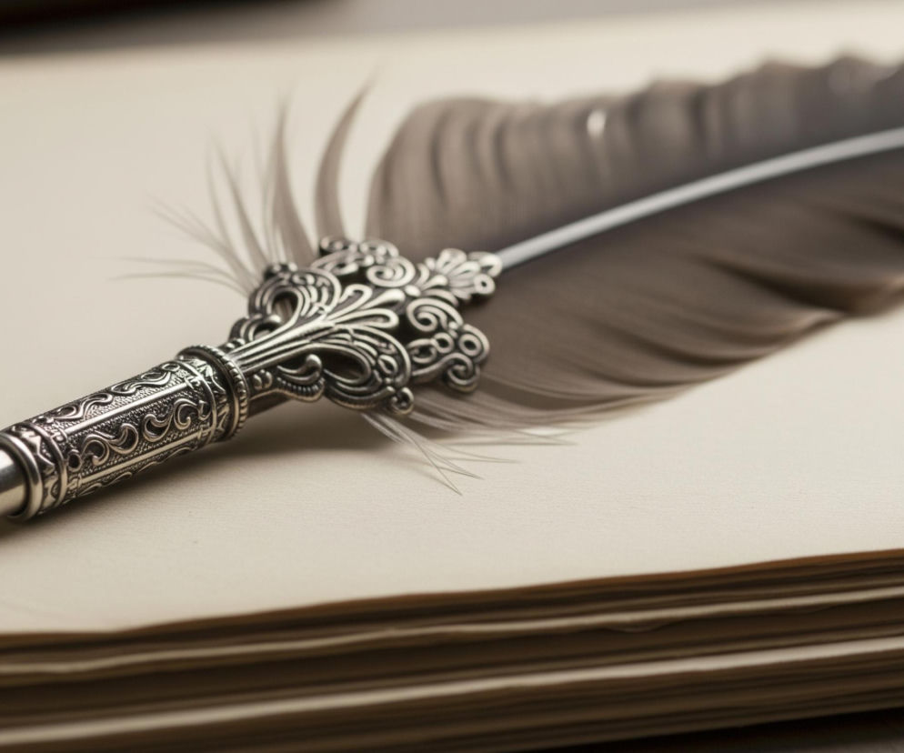 Na beżowym tle leży pióro stylizowane na historyczne. Pióro składa się z długiego, ciemnobrązowego pióra z widocznym, jasnym stelażem, połączonego z ozdobną, srebrną, metalową rączką. Rączka pióra jest bogato zdobiona misternymi, roślinnymi wzorami i zakończona jest ostro zakończoną stalówką. Całość spoczywa na stosie jasnych, lekko pożółkłych kartek, prawdopodobnie zeszytu lub książki.