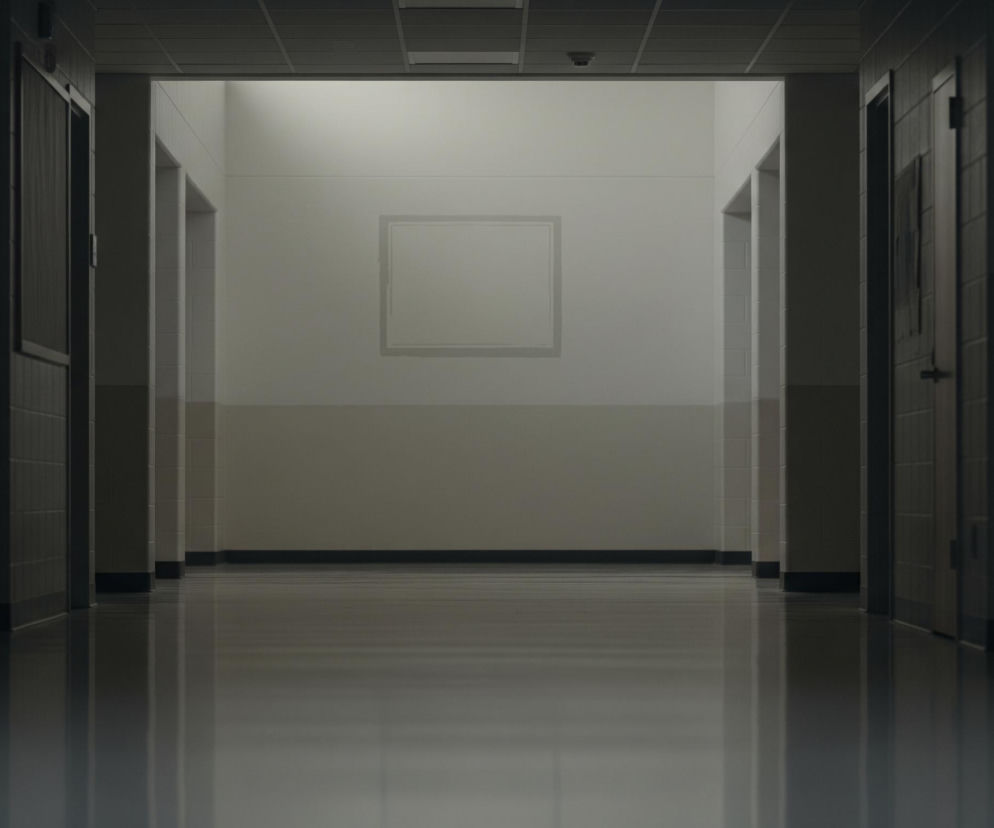 Długi korytarz rozciąga się w głąb obrazu, z ciemniejszymi ścianami po bokach i jaśniejszym, beżowym końcem. Na końcowej ścianie znajduje się jasny prostokątny obszar, jakby po usuniętym obrazie lub tablicy. Podłoga jest błyszcząca, szara, odbijając światło i elementy otoczenia, zwłaszcza po prawej stronie. Górna część korytarza to sufit kasetonowy, również utrzymany w ciemniejszych, stonowanych barwach.